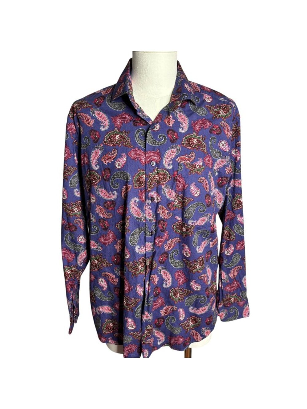 Alan Flusser Button-Up Floral Shirt Large Purple Paisley Long Sleeve Cotton